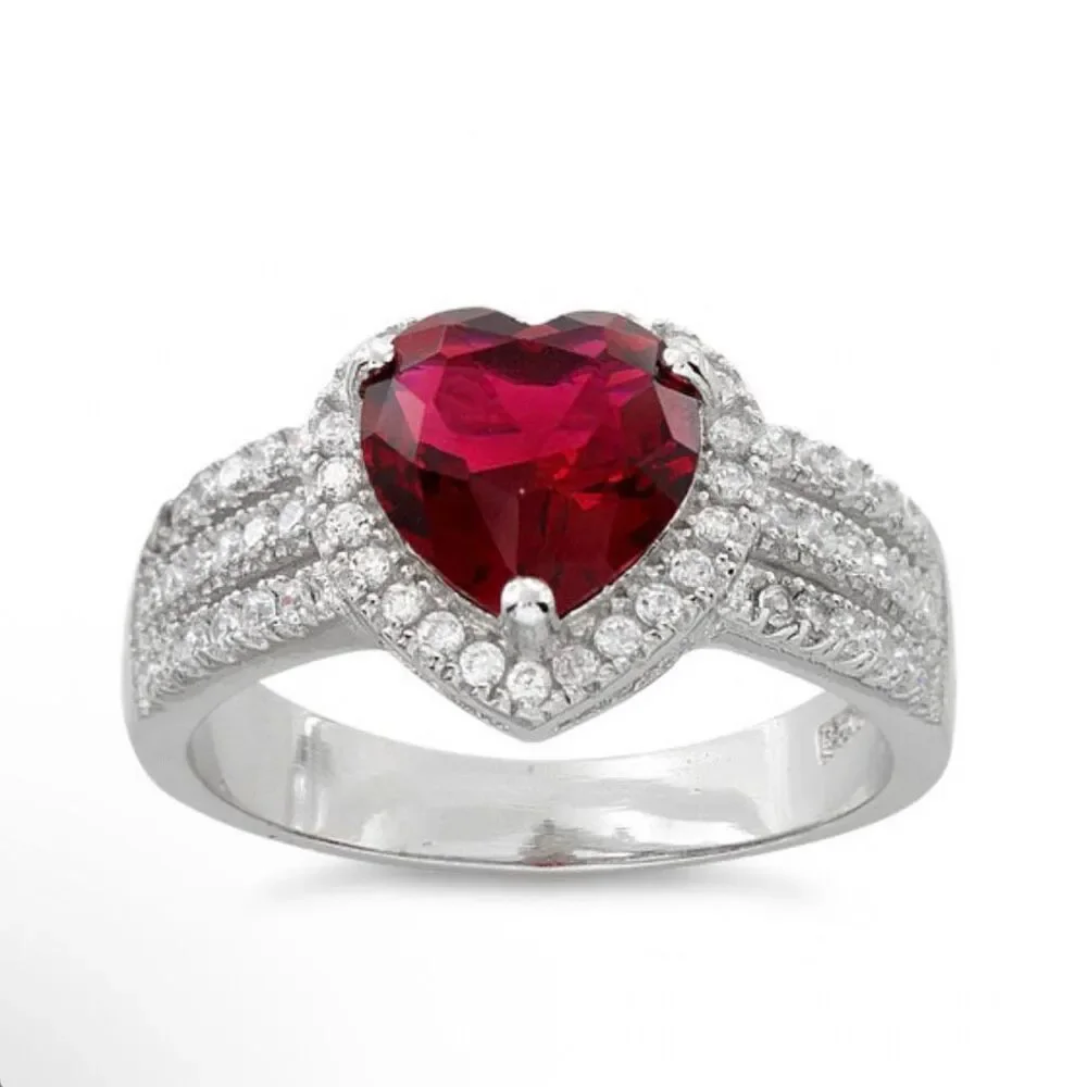 925 Sterling Silver Red Ruby Heart Ring CZ Halo Triple Band Wedding Promise Ring